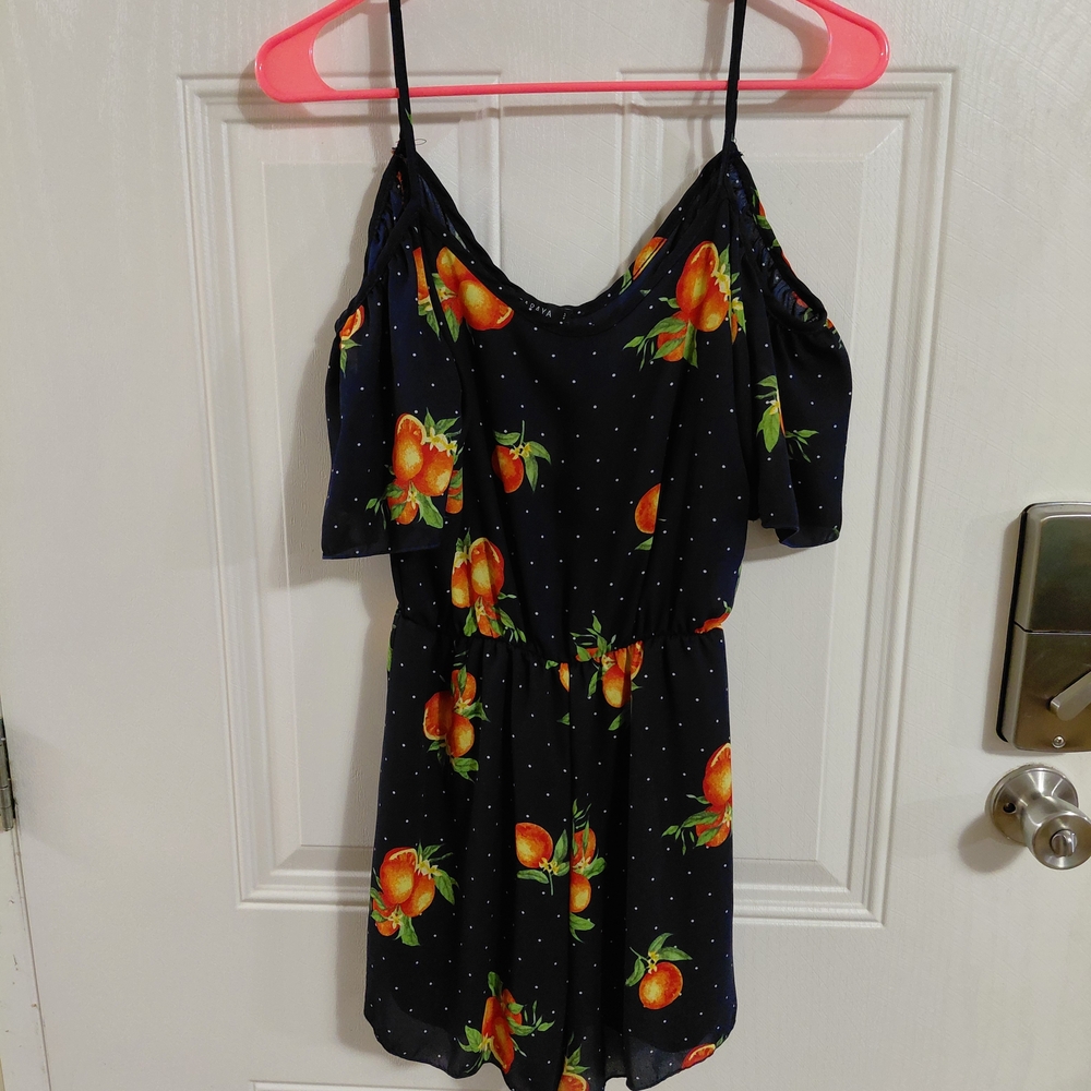 Papaya Navy Jumpsuit with Orange Fruit Print